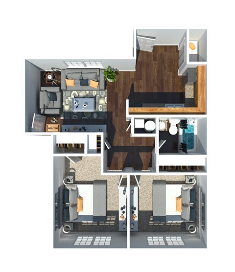 Floor plan for 2 beds, 1 bath, 890 sqft
